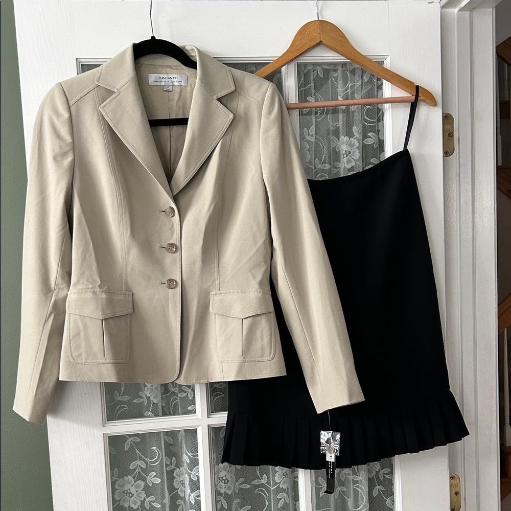 Tahari, beige jacket and black skirt suit